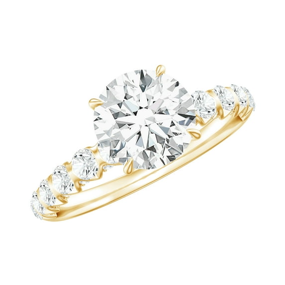 Rosec Jewels Round Moissanite Engagement Ring with Side Stones (7 mm, 1 Carat, D-VS1 Quality Certified) - With Jewelry Box, 18K Yellow Gold, US 10.00