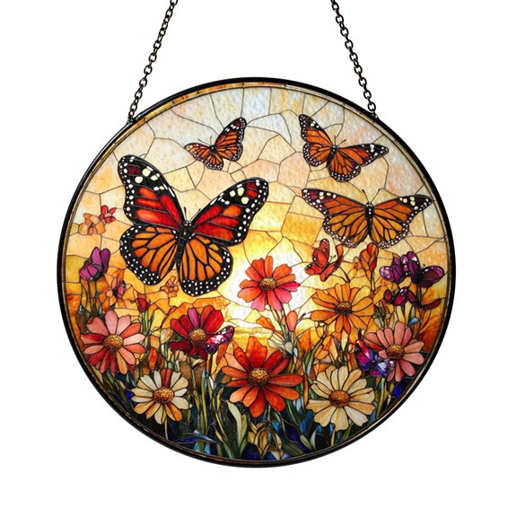 Round Monarch Butterfly Stained Glass Suncatcher Window Hanging Floral Meadow Panel for Home Decor Beautiful Display