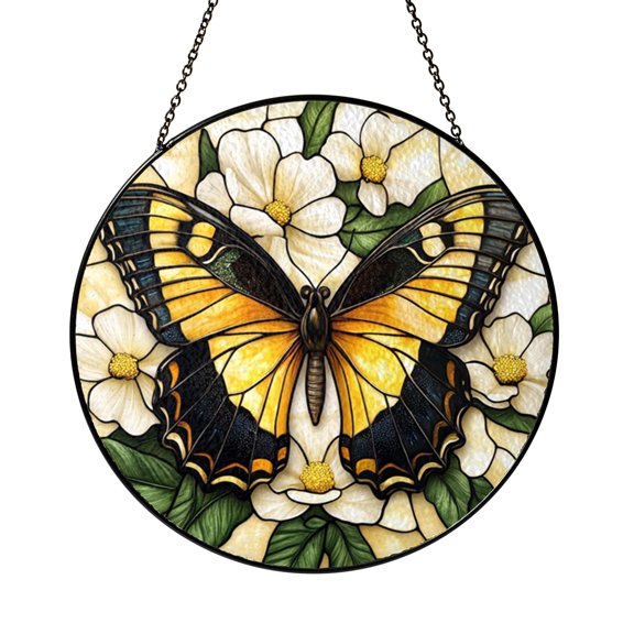 Round Monarch Butterfly Stained Glass Window Suncatcher, Vibrant Wildflower Meadow Design, Nature Home Accent