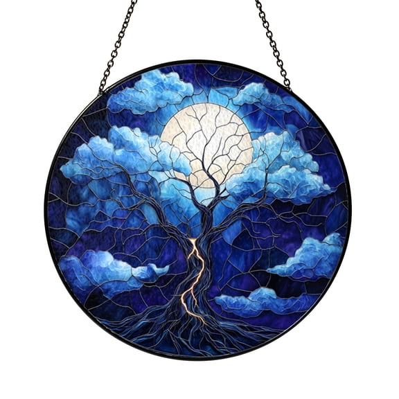 Round Moon Ocean Lightning Stained Glass Style Window Hanging Decor