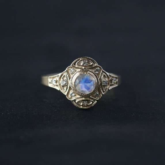 Round Moonstone & Diamond Ring, 925 Sterling Silver Vintage Ring,Rainbow Moonstone Ring, Wedding Ring Handmade Fine Ring Jewelry Gift For Her.