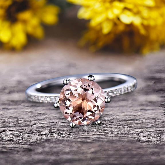 Round Morganite 1.5 Carat Engagement Ring Solid 10k Rose Gold Wedding Ring basket underneath Halo Pink Gemstone Promise Ring for Bride