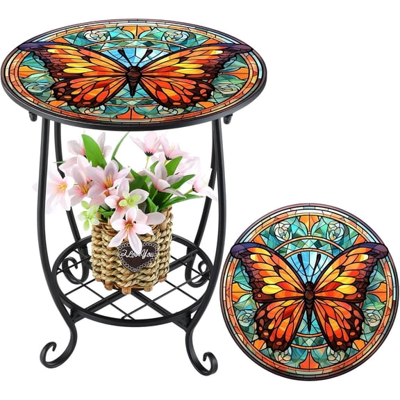 Round Mosaic Side Table for Patio Garden Porch Living Room Bedroom Indoor Outdoor Accent End Plant Coffee Tea Table Butterfly Style 12 Inch