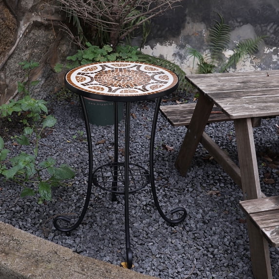 Round Mosaic Side Table with Storage Shelf, Outdoor End Table with Black Metal Frame, Patio Accent Table for Garden, Porch, Balcony & Living Room