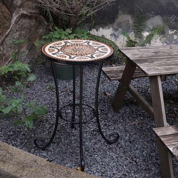 Round Mosaic Side Table with Storage Shelf, Outdoor End Table with Black Metal Frame, Patio Accent Table for Garden, Porch, Balcony & Living Room