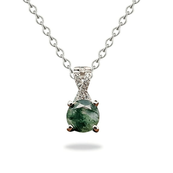 Fine Color Jewels Moss Agate Pendant Necklace with CZ Accent Stones for Women