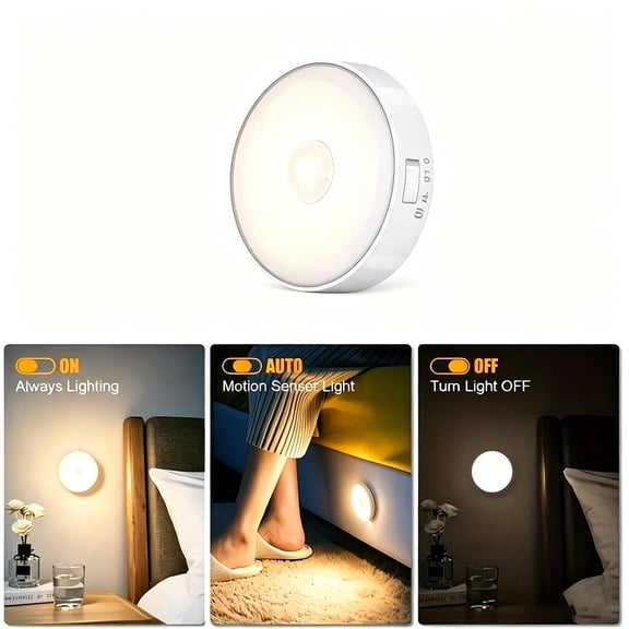 Round Motion Sensor Light, USB Rechargeable LED Night Light for Bedroom Hallway Cabinet, Cool White, 1 Pack