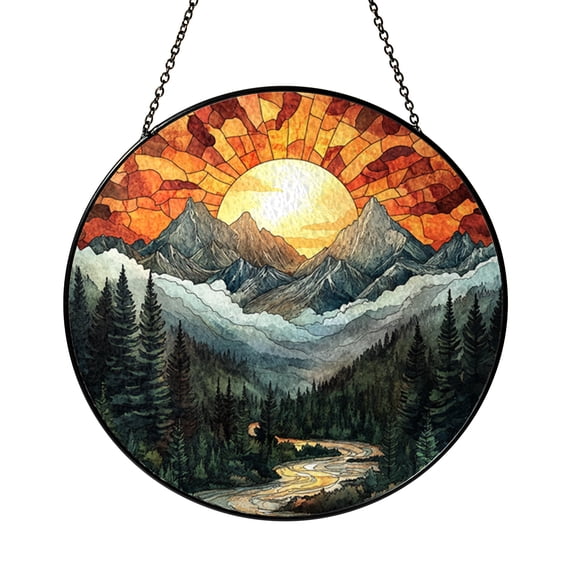 Round Mountain Landscape Glass Suncatcher Window Hanging, Peaceful Sunset Forest Art Decor for Home Styling
