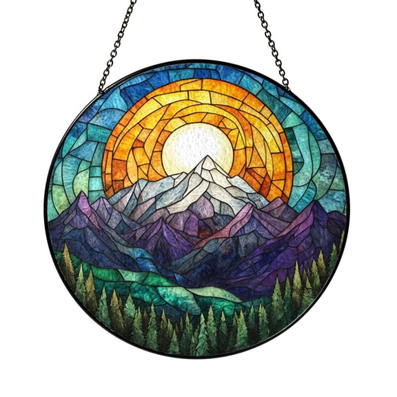 Round Mountain Sunburst Stained Glass Style Window Hanging Decor