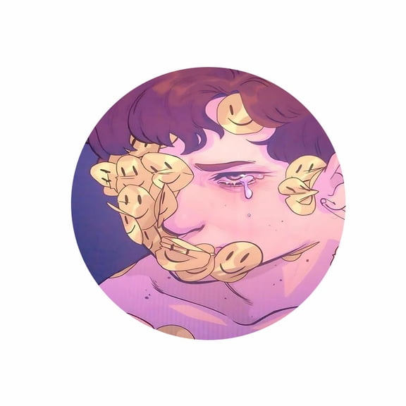 Round Mouse Pad 7.87 inch x 7.87 inch Rubber Art Design Purple Hair Character with Golden Smiley Faces for Office and Gaming