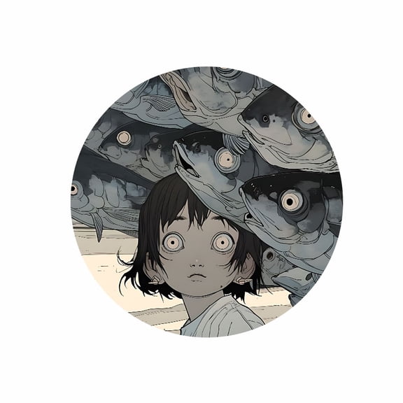 Round Mouse Pad 7.87 x 7.87 inches Anime Girl with Fish Design Rubber Surface for Office and Gaming
