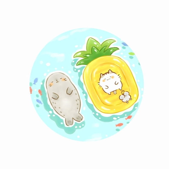 Round Mouse Pad 7.87 x 7.87 inches Kawaii Cat and Seal Pineapple Float Design Soft Rubber for Office Desk Gaming