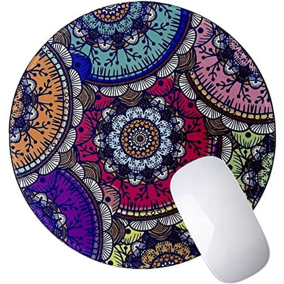 Round Mouse Pad with Multi Color Pattern, Mandala Colorful Design Mousepad 9 Diameter 3MM Thick Non-Slip Rubber Base with Stitched Edge, Computer Gaming Desk Accessories for Home Office