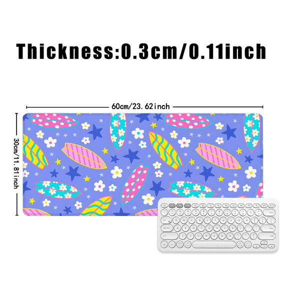 Surfboard Pattern Mouse Pad 31.5 x 11.82 inches Rubber Desk Accessory with Flowers and Stars for Office or Home Use