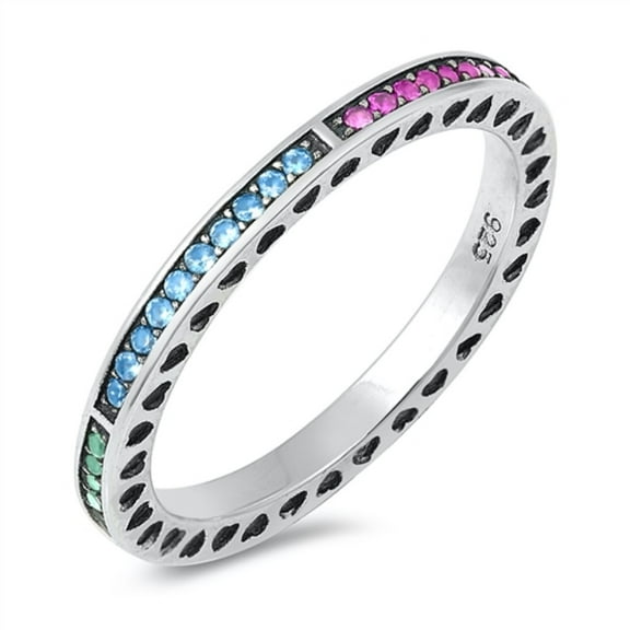 Round Multi-Color CZ Eternity Stackable Ring Sterling Silver Size 5