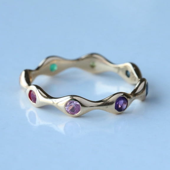 Round Multi Sapphire Handmand Jewelery, Distance and Wave Gemstone Ring, Light Weight, 925 Starling Silver Rings, Stackable Band Ring, Mother's Day Gift, Minimalist Ring.