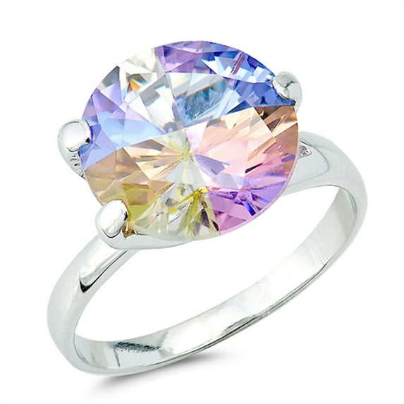 Round Multi-color CZ Solitaire Wedding Ring .925 Sterling Silver Band Jewelry Female Size 8