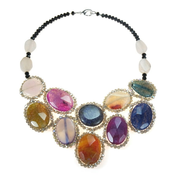 Round Multicolor Agate Mosaic Bib Statement Necklace