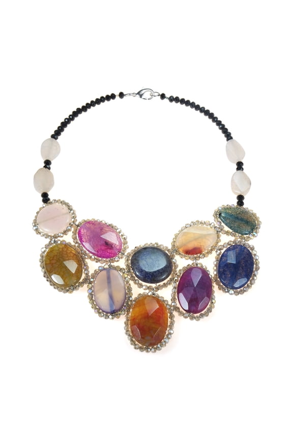 Round Multicolor Agate Mosaic Bib Statement Necklace