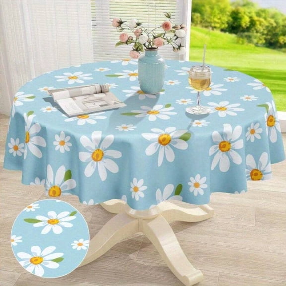 Round Multicolor Daisy Floral Tablecloth, Polyester, Machine Washable, 60 Inch Diameter