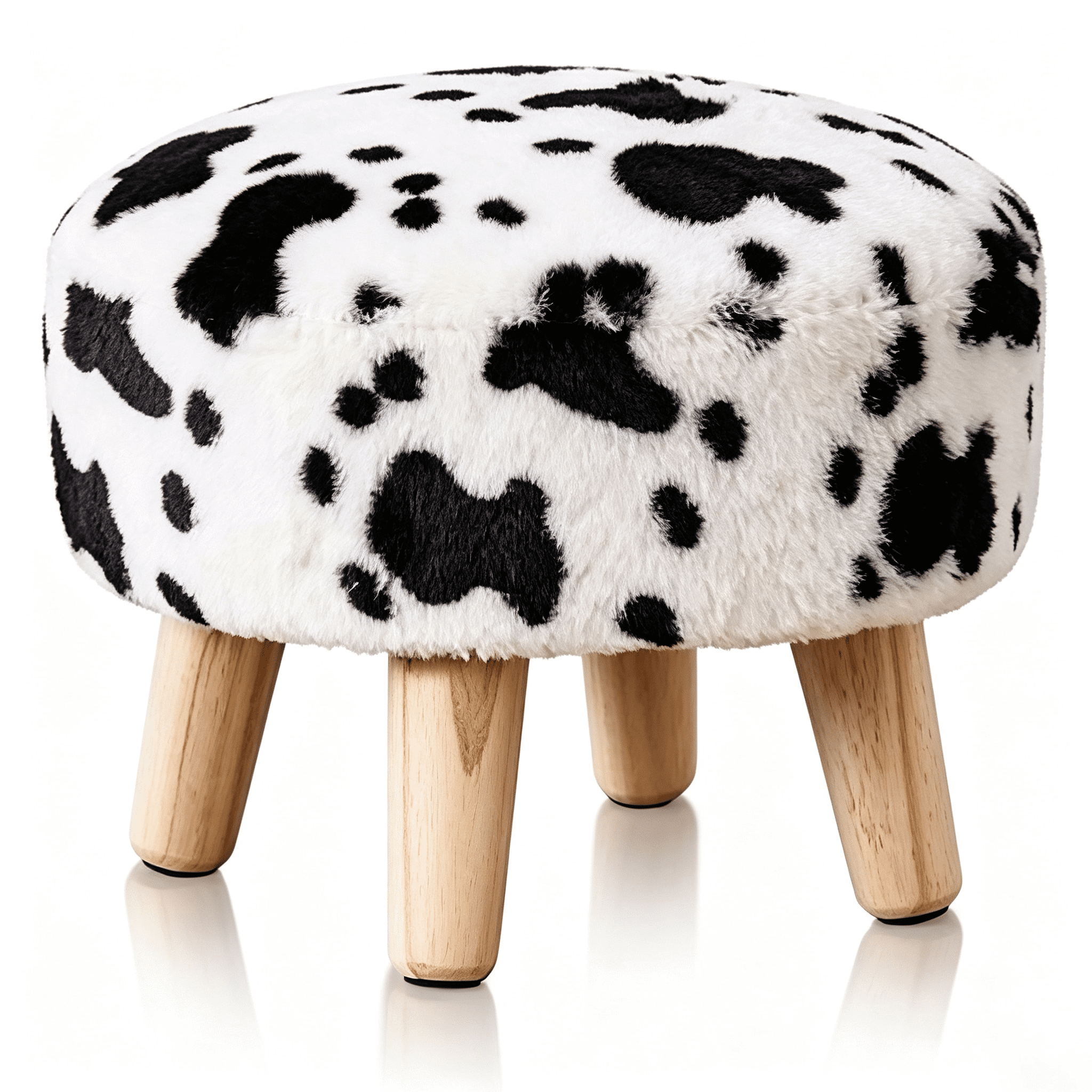 Round Mushroom Footstool Ottoman, Rabbit Wool Upholstered Small Stool with Solid Wood Legs, Cute Shoe Changing Stool, Step Stool, Sofa Footrest for Living Room & Bedroom Cow