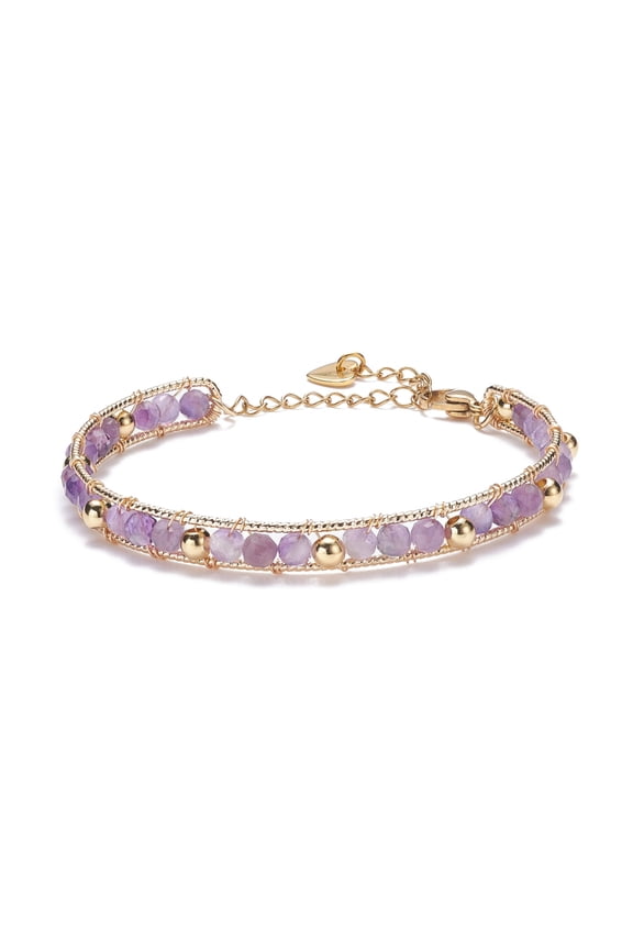 Round Natural Amethyst Beaded Bracelet Wire Wrap Stone Beads Power Bracelet with Safety Chain Tiny Heart Charm Bracelet for Women Golden Inner Diameter: 2-1/4 inch(5.7cm)
