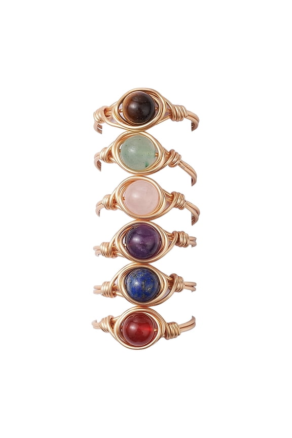 Round Natural Amethyst/Green Aventurine/Carnelian/Rose Quartz/Tiger Eye/Lazuli Finger Ring Copper Wire Wrap Jewelry for Women 8mm Inner Diameter: 18mm Mixed Stone