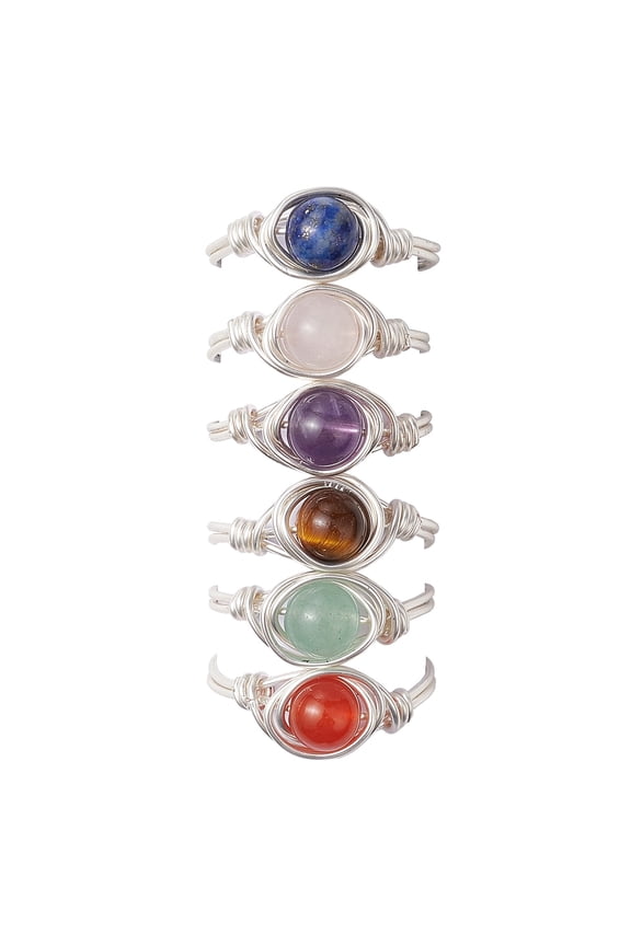 Round Natural Amethyst/Green AventurineQuartz/Tiger Eye/Lazuli Finger Ring Copper Wire Wrap Jewelry for Women 8mm