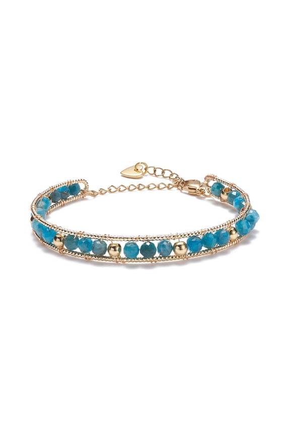 Round Natural Apatite Beaded Bracelet Wire Wrap Stone Beads Power Bracelet with Safety Chain Tiny Heart Charm Bracelet for Women Golden Inner Diameter: 2-1/4 inch(5.7cm)