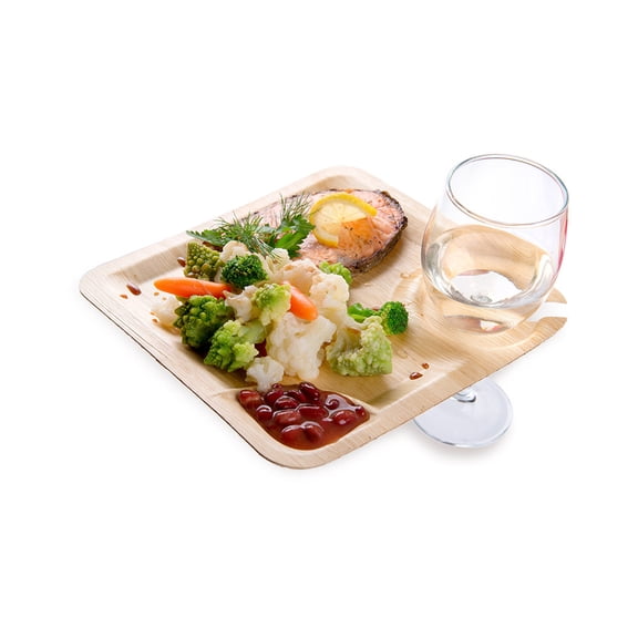 Round Natural Bamboo Leaf Plate with Cup Holder - 9" x 9" x 1/2" - 50 count box