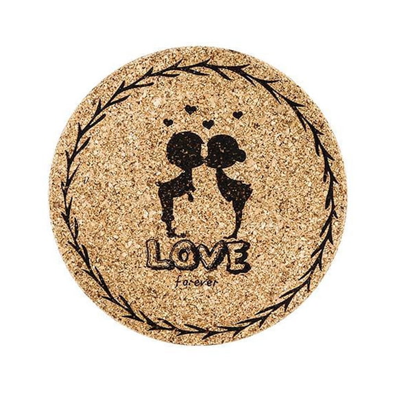 Round Natural Cork Coaster With "Love Forever" Couple Print Absorbent Heat Resistant Drink Mat For Coffee Tea And Beverages(Brown-10Cm)