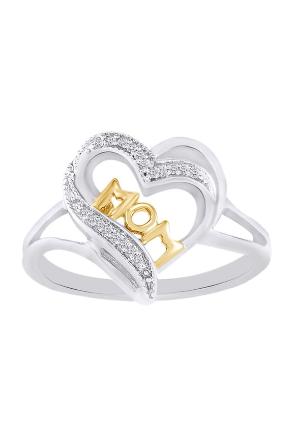 Round Natural Diamond Accent Two Tone Mom Heart Ring In 10K Solid White Gold-10