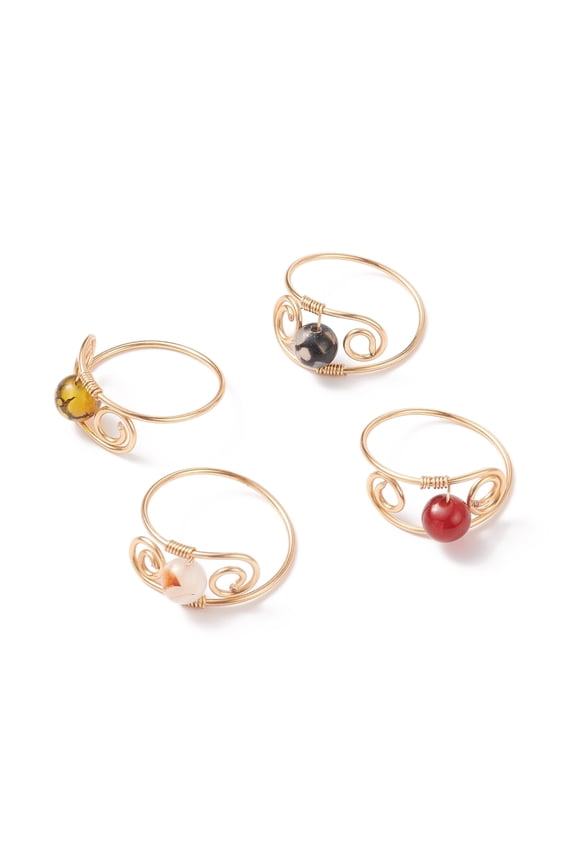 Round Natural Gemstone Finger Ring Golden Copper Wire Wrap Jewelry for Women Size 9 1/2(19.3mm)