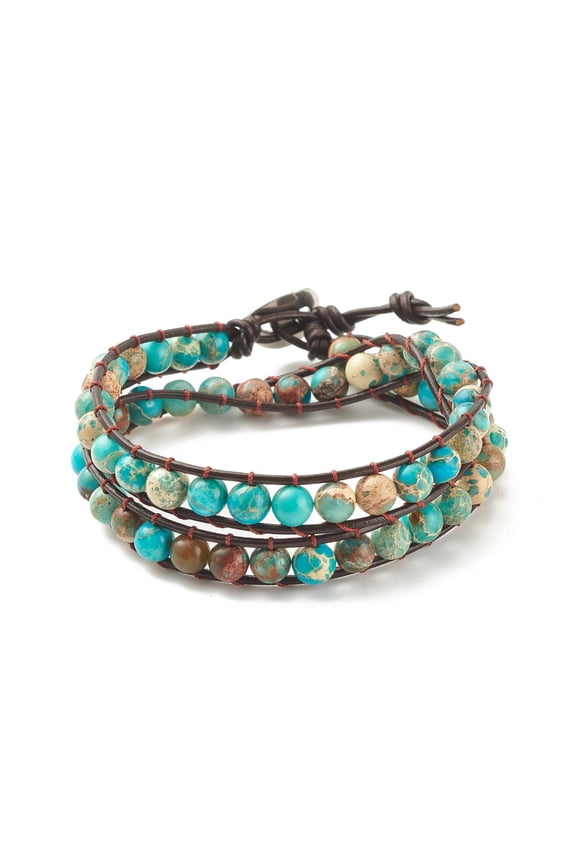 Round Natural Imperial Jasper(Dyed) Wrap Bracelet Gemstone Two Loops Bracelet for Women Sky Blue 17-3/8 inch(44cm)