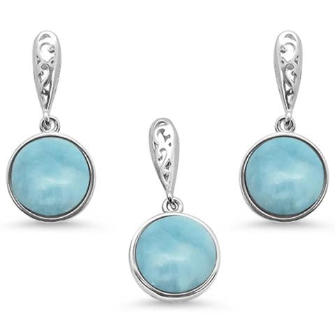 Round Natural Larimar .925 Sterling Silver Pendant & Earring Set