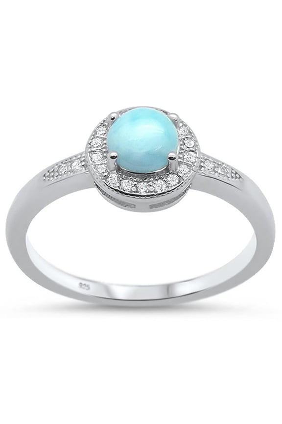 Round Natural Larimar Clear CZ Fashion Ring Sterling Silver Size 6