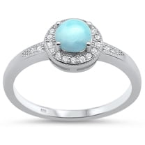 Round Natural Larimar Clear CZ Fashion Ring Sterling Silver Size 9