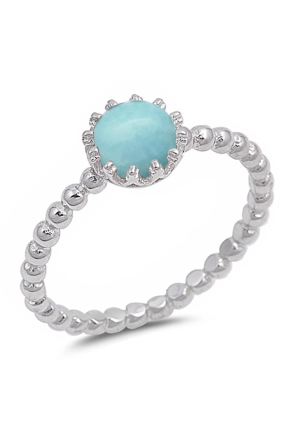 Round Natural Larimar Crown Beaded Ball Band Ring Sterling Silver Sz 8