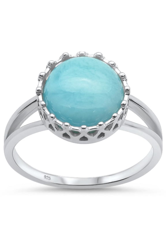 Round Natural Larimar Crown Ring Sterling Silver Size 9