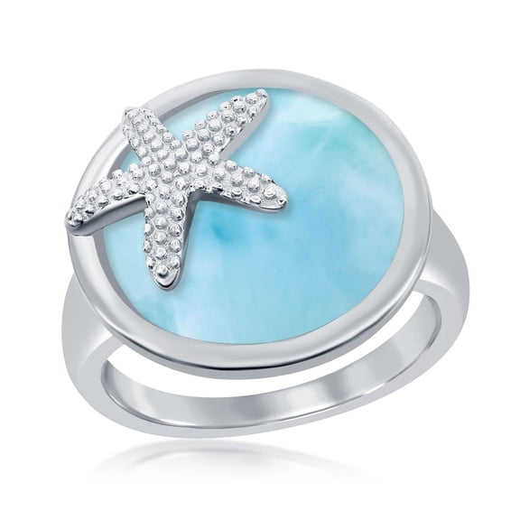 Round Natural Larimar Gemstone with Starfish Design Ring Sterling Silver Jewelry for Women or Teens-size 9