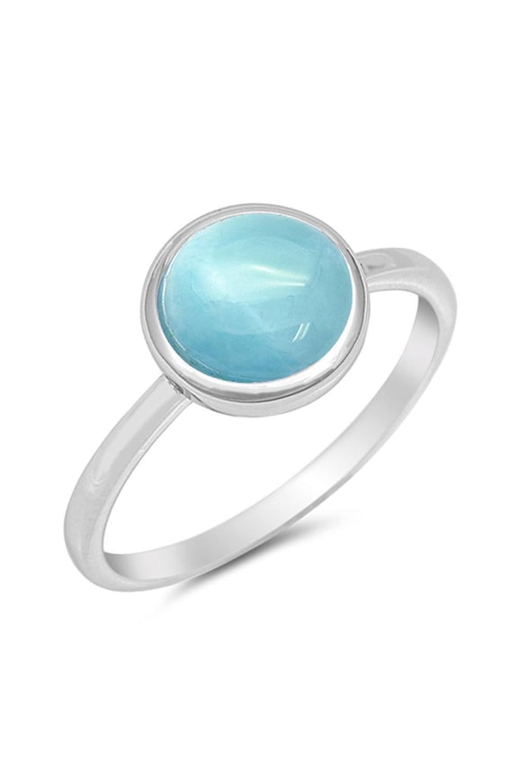 Round Natural Larimar Simple Band Ring Sterling Silver Size 7