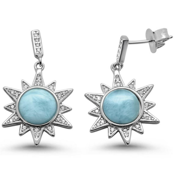 Round Natural Larimar With Clear Cubic Zirconia Dangling Sun Earrings Sterling Silver