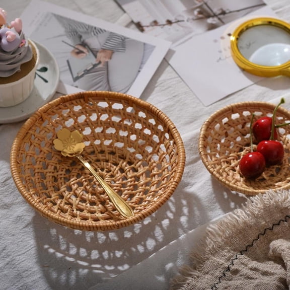 Round Natural Rattan Bamboo Woven Serving Tray Food Fruit Bread Platter-l:diameter14.5cm,height4cm-