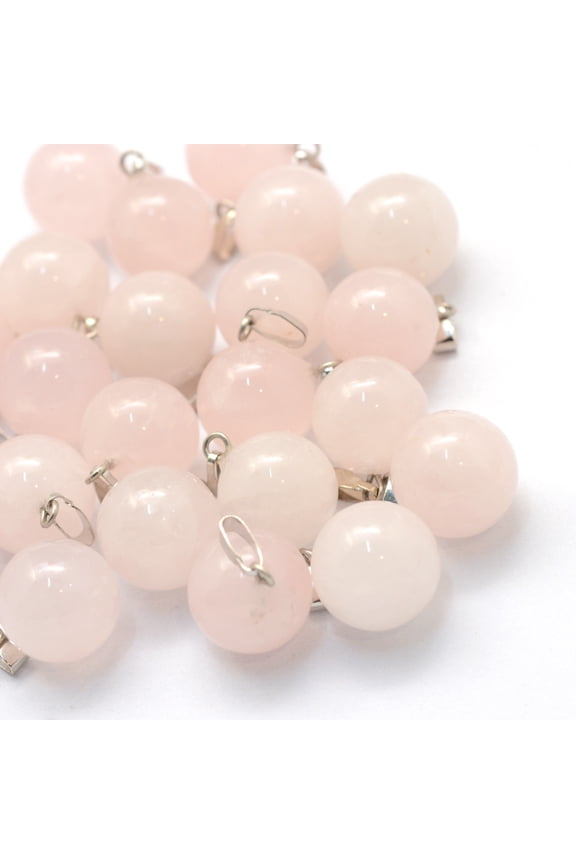 Round Natural Rose Quartz Pendants with Platinum Tone Brass Findings 17~19x13~14mm Hole: 2x7mm Gray