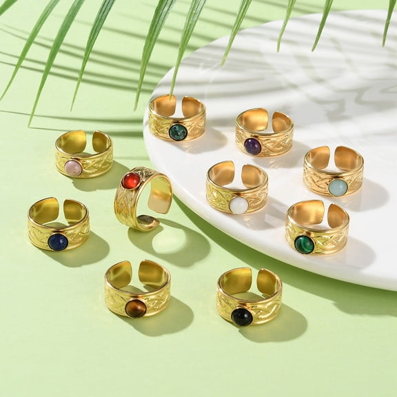 Round Natural & Synthetic Gemstone Finger Rings Real 18K Gold Plated 304 Stainless Steel Wide Open Cuff Rings for Unisex 8.5mm Adjustable