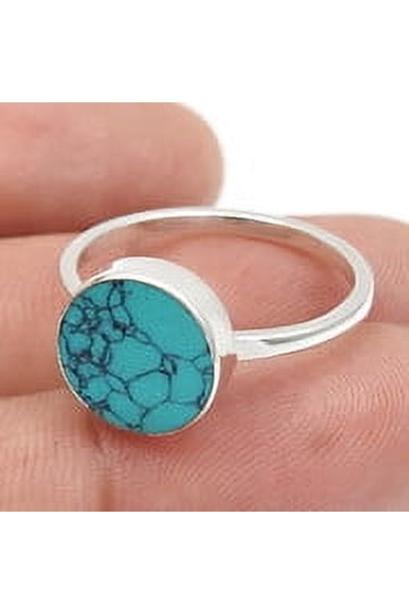 Round Natural Turquoise Solid 925 Silver Statement Throat Chakra Ring Jewelry Size 8