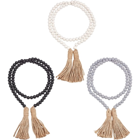 Round Natural Wood Beads with Hemp Cord Tassel 3 Pcs Wall Hanging Decorations Prayer Wood Bead Rustic Country Crafts