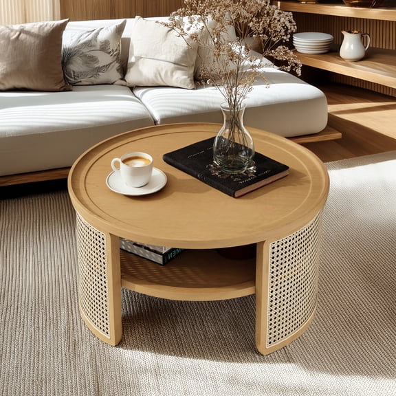 Round Natural Wood Coffee Table With 2-tiered Storage - Rustic Appeal, Spacious Interior, Materials, Curved Edge Guard Top And Base Chic Design, Ample Area, Construction, Curve Preventive Measure