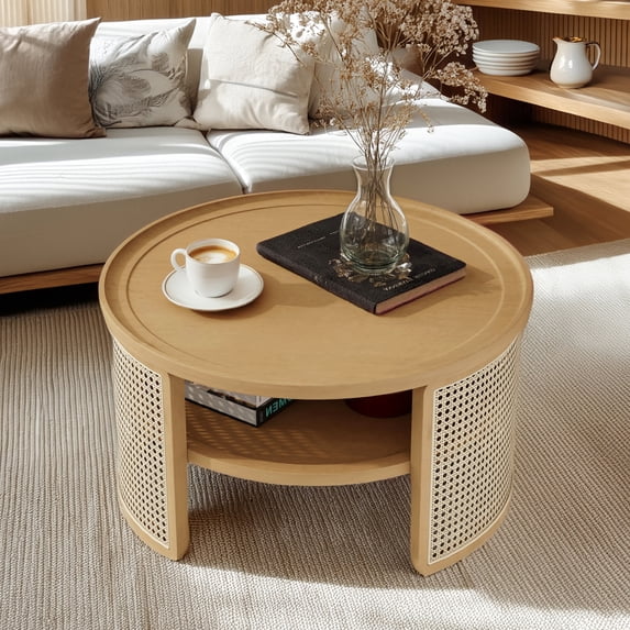 Round Natural Wood Coffee Table with Bohemian Rattan Storage / Storage Space & Rustic Charm
