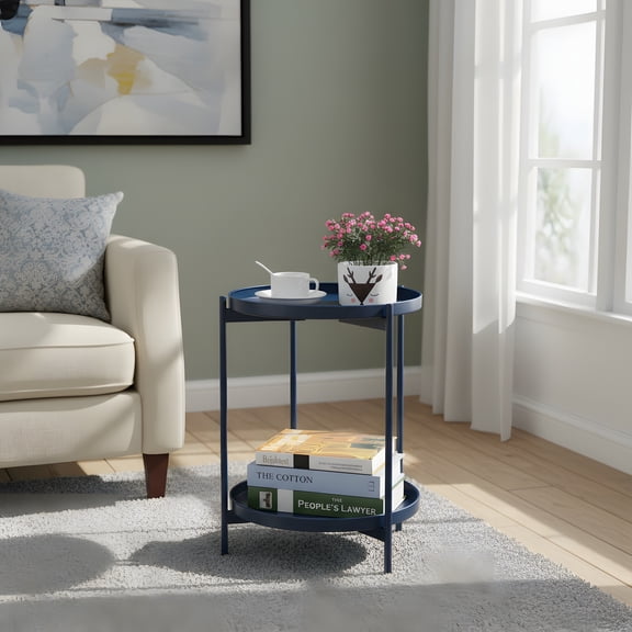 Round Navy Blue Accent Table with Removable Tray - Modern Side Table
